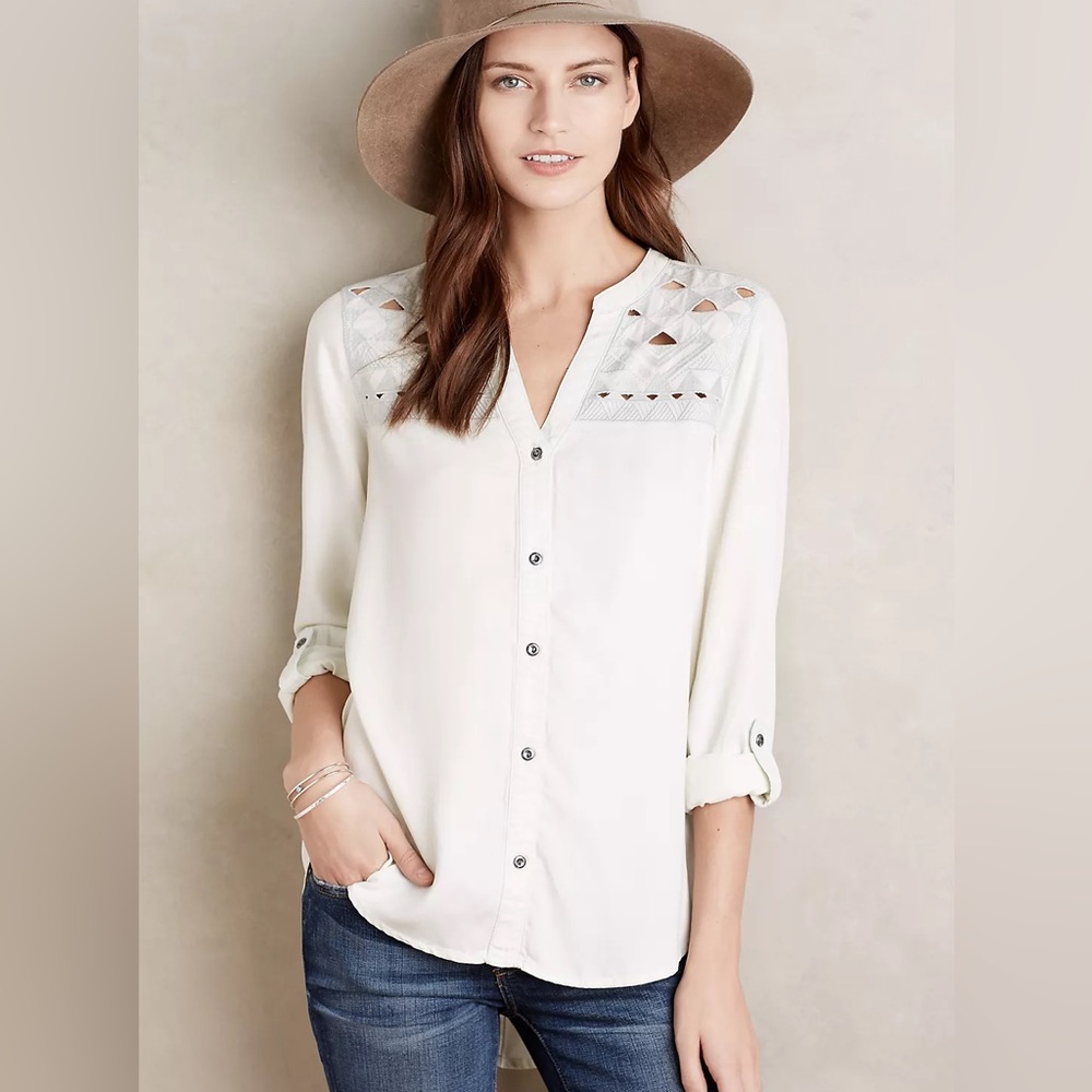Anthropologie Holding Horses Tyla Sliced Chambray Buttondown Western Embroidered